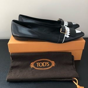 Tod’s Fringe Black and White Loafer Flats